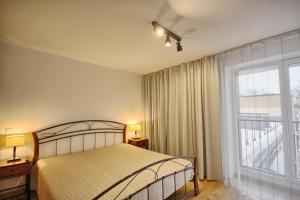 a bedroom with a bed and a large window at Spa Druskininkai Apartment in Druskininkai