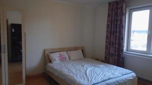 Una cama pequeña en una habitación con ventana. en Central Apartment 2, en Timisoara