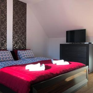 a bedroom with a red bed with a flat screen tv at Domek Sewerynowka in Szczawnica