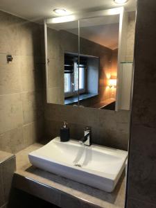 ein Badezimmer mit einem weißen Waschbecken und einem Spiegel in der Unterkunft Ilmhaus 2 in Gaden bei Pförring
