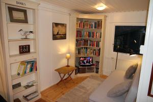 a living room with bookshelves and a tv at De Krukel in Westermient