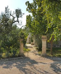 a row of trees in a garden with concrete pillars at Masseria Sucéa in Martano