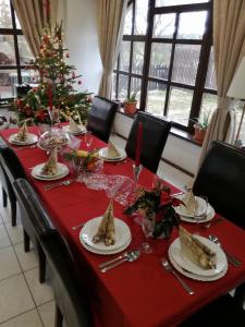 a table with plates of food and a christmas tree at Penzion Lamberk in Nový Jičín