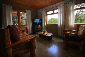 a living room with a couch and a tv and windows at Las Terrazas II in Villa Pehuenia