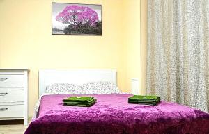 ポドリスクにあるApartment Dianaのベッドルーム(紫の毛布付きのベッド1台付)