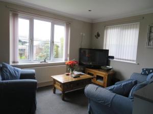 a living room with two blue couches and a tv at Acer Lodge Bed & Breakfast in Mundford