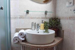 a white sink in a bathroom with a plant at Penzion Slnecny Dom in Tatranská Lomnica