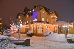 兹拉蒂博尔Vila Romantika的雪中灯火的大房子