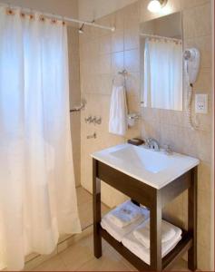 a bathroom with a sink and a shower with a shower curtain at El Portillo in Villa General Belgrano