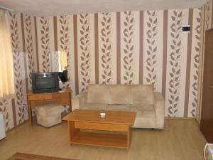 a living room with a couch and a tv at Hotel Pilevski in Blagoevgrad