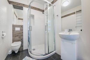 a bathroom with a shower and a toilet and a sink at Kwartał Róży Wiatrów, Sun & Snow in Świnoujście