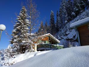 a house covered in snow next to a tree at Chalet Daria in Prémanon