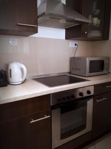 y cocina con fogones, horno y microondas. en Gozsdu Suite Apartment, en Budapest