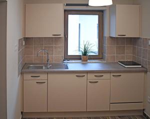 a kitchen with a sink and a window at VATUS Apartmanház Vác in Vác +39 photos