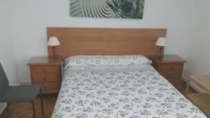 a bed in a bedroom with two nightstands and a bedspread with flowers at Pension Santa Rita in Santiago de Compostela