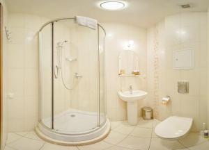 ein Bad mit einer Dusche, einem WC und einem Waschbecken in der Unterkunft Hotel Adeliya in Sankt Petersburg