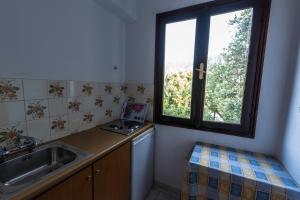 a small kitchen with a sink and a window at Hotel Irini in Skala Potamias