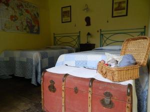 Stazzema的住宿－Casa Emilia，一间设有两张床的房间和一个装满动物的篮子