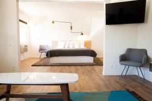 1 dormitorio con 1 cama, 1 mesa y 1 silla en Monarch Motel en Moscow