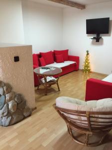 a living room with a red couch and a christmas tree at pension U Jiřího in Ludvíkov