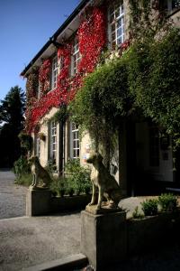 two statues of dogs in front of a building at Ty Newydd Country Hotel in Hirwaun