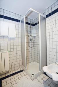 La salle de bains est pourvue d'une douche et d'un lavabo. dans l'établissement Hotel Fortini, à Madonna di Campiglio