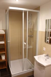 a shower with a glass door next to a sink at Le Relais in Düsseldorf
