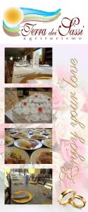 a collage of photos of a table with cake and gold scissors at Agriturismo Terra dei Sassi in Matera