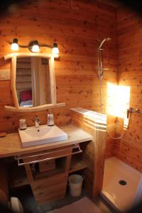a bathroom with a sink and a shower at B&B Le Chalet Bois de Coeur in Saint Come +50 photos