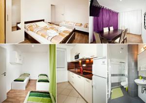 een collage van foto's van een hotelkamer bij Apartments Kopečná with parking in Brno