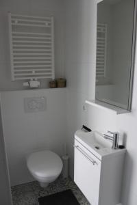 Un baño blanco con inodoro y lavabo. en Viale, en Egmond aan Zee