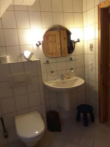 a bathroom with a sink and a toilet and a mirror at Berghof Schmitte in Winterberg