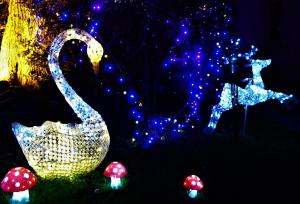 a display of lights with a swan and mushrooms at Château de Bellefontaine in Bayeux