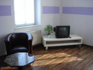 a living room with a chair and a tv at Hotel & Pension NOlift in Dresden