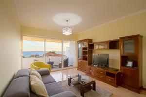 a living room with a couch and a television at Apartamento do Avô Tomás in Madalena do Mar