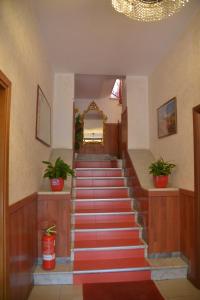 a staircase in a building with red stairs with potted plants at Albergo Panorama in Frascati