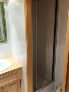 a shower with a glass door in a bathroom at Le Tremplin in Méribel