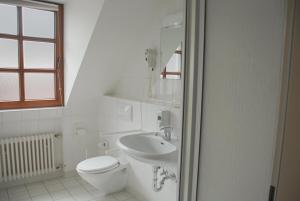 a white bathroom with a toilet and a sink at Hotel Restaurant Genusshaus Vorst in Tönisvorst +31 photos