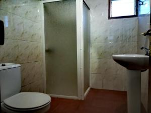 El Cedro的住宿－Casa La Montaña，浴室配有卫生间、盥洗盆和淋浴。