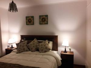 a bedroom with a bed with pillows and two lamps at Paillahue Pucon in Pucón +35 photos