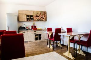 uma cozinha com cadeiras vermelhas, uma mesa e um frigorífico em Pensiunea Georgibel em Deva