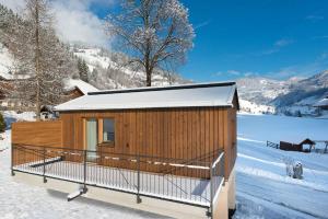 drewniany domek na śniegu z polem pokrytym śniegiem w obiekcie Chalet Schiederhof w mieście Grossarl