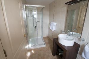 a bathroom with a shower and a sink and a mirror at Connemara Lake Hotel in Oughterard