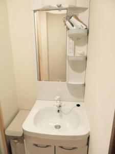 uma casa de banho com um lavatório branco e um espelho. em Utatei Villa em Takayama