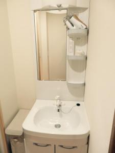 une salle de bain avec un lavabo blanc et un miroir dans l'établissement Utatei Villa, à Takayama
