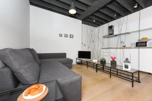 sala de estar con sofá gris y TV en Deluxe Apartments Santa Lucia, en Zadar