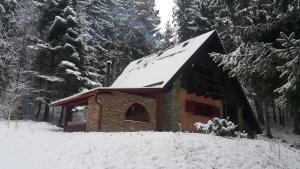 a small building with snow on top of it at Chata Kiki Malino Brdo in Ružomberok