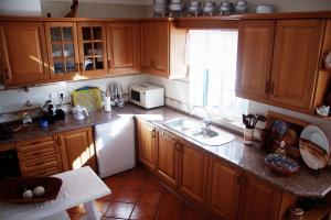eine Küche mit Holzschränken, einem Waschbecken und einem Fenster in der Unterkunft Milfontes Villa in Vila Nova de Milfontes