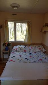 史澈契內克的住宿－Przystań Bosmanat，一间卧室配有一张带花卉床罩的床和窗户。