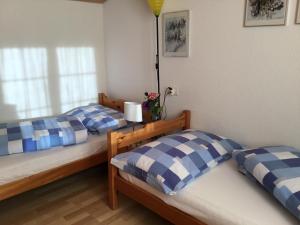 a bedroom with two beds with blue and white pillows at Casa Fluretta in Flumserberg